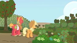 Size: 1365x768 | Tagged: safe, screencap, applejack, big macintosh, earth pony, pony, applebuck season, g4, apple, butt, female, flower, food, male, mare, plot, stallion, straw in mouth, tree