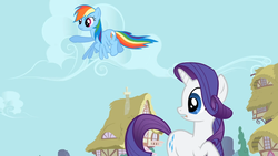 Size: 1365x768 | Tagged: safe, screencap, rainbow dash, rarity, applebuck season, g4, pointing