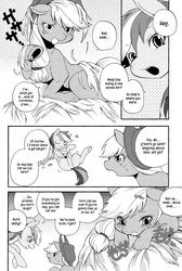 Size: 1108x1651 | Tagged: safe, applejack, rainbow dash, g4, [dogear (inumimi moeta)] rainbow green apple, comic, hay, monochrome