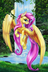 Size: 1466x2200 | Tagged: dead source, safe, artist:viwrastupr, fluttershy, g4, female, grass, long mane, scenery, solo, water, waterfall