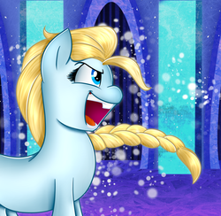 Size: 3000x2931 | Tagged: safe, artist:mickeymonster, artist:vocalmaker, earth pony, pony, braid, crossover, disney, elsa, frozen (movie), glare, high res, let it go, open mouth, ponified, smiling, snow, snowfall, solo