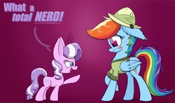 Size: 1700x1000 | Tagged: safe, artist:heir-of-rick, daring do, diamond tiara, rainbow dash, g4, blushing, cosplay, dialogue, ear fluff, fangirl, impossibly large ears, obsession