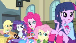 Size: 1440x810 | Tagged: safe, screencap, applejack, fluttershy, pinkie pie, rarity, twilight sparkle, turtle, equestria girls, g4, my little pony equestria girls: rainbow rocks, balloon, boots, bracelet, female, flower, hat, hay, high heel boots, jewelry, mask, musical instrument, party hat, ukulele