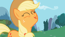 Size: 1365x768 | Tagged: safe, screencap, applejack, applebuck season, g4, ^^, eyes closed, face, female, solo