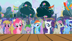 Size: 1365x768 | Tagged: safe, screencap, amethyst star, bon bon, cherry berry, cloud kicker, daisy, derpy hooves, flower wishes, lemon hearts, lightning bolt, linky, minuette, parasol, pinkie pie, rainbow dash, rarity, shoeshine, sparkler, spike, sunshower raindrops, sweetie drops, twinkleshine, white lightning, dragon, earth pony, pegasus, pony, unicorn, applebuck season, g4, background pony, background pony audience, balloon, canterlot, eyes closed, female, flag, folded wings, looking away, male, mare, ponyville, stage, standing, wings