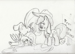 Size: 1154x842 | Tagged: safe, artist:kittyhawk-contrail, applejack, fluttershy, g4, crash, derp, face down ass up, monochrome, silly, tongue out, traditional art