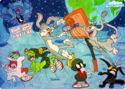Size: 1414x1000 | Tagged: safe, artist:sonicrainboomz, princess luna, g4, basketball, bugs bunny, catscratch, crossover, earth, gordon quid, k9 (looney tunes), looney tunes, male, marvin the martian, moon, mr. blik, space jam, traditional art, waffle