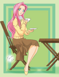 Size: 2153x2786 | Tagged: safe, artist:shinta-girl, fluttershy, human, g4, chair, clothes, female, high res, humanized, shoes, sitting, skirt, solo, sweater, sweatershy, table, tea, teacup