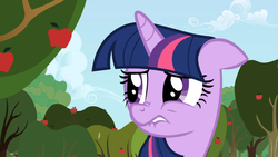 Size: 1365x768 | Tagged: safe, screencap, twilight sparkle, pony, unicorn, applebuck season, g4, female, floppy ears, frown, lip bite, nose wrinkle, solo, unicorn twilight