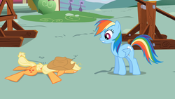 Size: 1365x768 | Tagged: safe, screencap, applejack, rainbow dash, applebuck season, g4