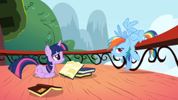 Size: 1365x768 | Tagged: safe, screencap, rainbow dash, twilight sparkle, pegasus, pony, unicorn, applebuck season, g4, my little pony: friendship is magic, book, female, mare