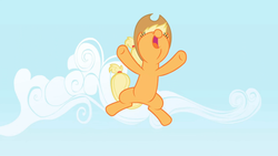 Size: 1365x768 | Tagged: safe, screencap, applejack, applebuck season, g4, falling, female, happy, incoming hug, jumping, landing, smiling, solo