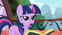 Size: 1365x768 | Tagged: safe, screencap, twilight sparkle, pony, unicorn, applebuck season, g4, balcony, book, female, frown, lidded eyes, mare, open mouth, ponyloaf, prone, solo, unamused, unicorn twilight