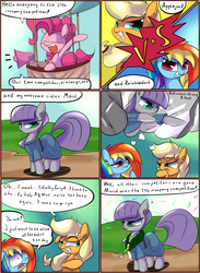 Size: 1024x1399 | Tagged: safe, artist:madacon, applejack, maud pie, pinkie pie, rainbow dash, earth pony, pegasus, pony, g4, comic, competition, female, iron pony, mare, scared