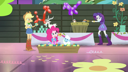 Size: 1440x810 | Tagged: safe, screencap, applejack, pinkie pie, rarity, goat, hamster, sheep, equestria girls, g4, my little pony equestria girls: rainbow rocks, boots, eating, shoes