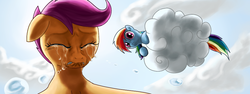 Size: 960x360 | Tagged: safe, artist:rautakoura, rainbow dash, scootaloo, my little investigations, g4, cloud, crying, sad, scootasad