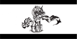 Size: 1979x1012 | Tagged: safe, artist:dereklestrange, pinkie pie, earth pony, pony, g4, female, helmet, monochrome, parody, solo, traditional art, viewtiful joe