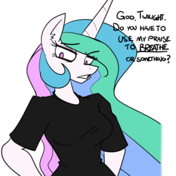 Size: 1000x1000 | Tagged: safe, artist:reiduran, artist:venezolanbrony, color edit, edit, princess celestia, anthro, g4, celestia is not amused, clothes, dialogue, female, shirt, simple background, solo, transparent background