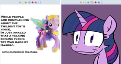 Size: 507x269 | Tagged: safe, artist:ponyprincessqueen, artist:whatsapokemon, twilight sparkle, alicorn, pony, derpibooru, g4, cheap, exploitable meme, female, hasbro, inaccurate toy, irl, juxtaposition, juxtaposition win, meme, meta, photo, reaction, smiling, toy, twilight sparkle (alicorn)