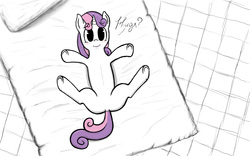 Size: 3840x2400 | Tagged: safe, artist:jdnehberefncuhn, sweetie belle, g4, :i, bed, blushing, female, fluffy, high res, hugs needed, looking at you, on back, smiling, solo, spread legs, underhoof