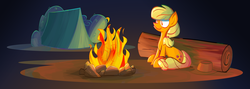 Size: 10000x3565 | Tagged: safe, artist:foxy-noxy, applejack, g4, campfire, camping, female, fire, log, sitting, solo, tent