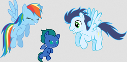 Size: 897x441 | Tagged: safe, artist:amy-defy, rainbow dash, soarin', pegasus, pony, g4, female, flying, foal, male, mare, offspring, parent:rainbow dash, parent:soarin', parents:soarindash, ship:soarindash, shipping, simple background, stallion, straight