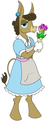Size: 293x682 | Tagged: safe, artist:susiebeeca, matilda, donkey, anthro, unguligrade anthro, g4, apron, clothes, cute, dress, ear piercing, earring, flower, holding, looking at you, matildadorable, piercing, smiling, solo, standing