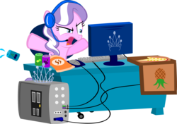 Size: 1726x1213 | Tagged: safe, artist:magerblutooth, diamond tiara, earth pony, pony, g4, computer, female, filly, foal, gamer, headset, pizza, simple background, snacks, soda, solo, transparent background, vector