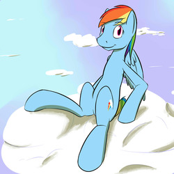 Size: 1280x1280 | Tagged: safe, artist:fuzebox, rainbow dash, g4, cloud, cloudy, female, sitting, solo