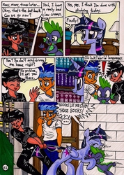Size: 1356x1908 | Tagged: safe, artist:newyorkx3, flash sentry, spike, twilight sparkle, oc, oc:tommy, alicorn, dragon, human, pony, comic:twilight and the big city, g4, ..., adorkable, book, comic, cute, dork, exclamation point, eyes closed, female, frown, gritted teeth, mare, non-mlp oc, open mouth, pulling, pushing, self insert, smiling, tail, tail pull, that pony sure does love books, traditional art, twilight sparkle (alicorn), wavy mouth, wide eyes
