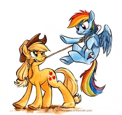 Size: 628x589 | Tagged: safe, artist:kenket, artist:spainfischer, applejack, rainbow dash, earth pony, pegasus, pony, g4, female, lasso, lesbian, mare, rope, ship:appledash, shipping, traditional art, watercolor painting