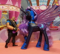 Size: 1000x898 | Tagged: safe, artist:texasuberalles, nightmare moon, alicorn, human, pony, g4, brush, brushable, carousel boutique, duo, heavy (tf2), heavy weapons guy, irl, photo, team fortress 2, toy