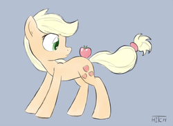 Size: 800x586 | Tagged: safe, artist:hitch, applejack, g4, apple, female, looking back, simple background, solo