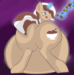 Size: 1280x1288 | Tagged: safe, artist:ask-velvet-cream, oc, oc only, oc:hot fudge, belly, butt, chocolate, cookie, eating, fat, magic, morbidly obese, muffin, obese, plot, solo, stuffing