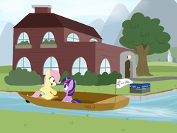 Size: 500x375 | Tagged: safe, artist:dtcx97, fluttershy, twilight sparkle, g4, alternate cutie mark, boat, filly, open mouth, river, sitting, smiling, the ponyville diaries, water, younger