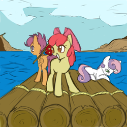 Size: 600x600 | Tagged: safe, artist:arcum42, edit, apple bloom, scootaloo, sweetie belle, earth pony, pegasus, pony, g4, bindle, colored, cutie mark crusaders, raft, river, scenery, water