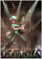 Size: 787x1105 | Tagged: safe, artist:emperpep, lyra heartstrings, human, fanfic:anthropology, g4, :p, clothes, concert, cutie mark, cutie mark on clothes, epic, fanfic art, female, gibson les paul, guitar, hair over one eye, horn, horned humanization, humanized, les paul, musical instrument, rock (music), solo focus, tailed humanization