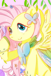 Size: 1181x1748 | Tagged: safe, artist:daikoku, fluttershy, butterfly, g4, clothes, dress, female, gala dress, pixiv, solo