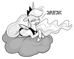 Size: 1280x1017 | Tagged: safe, artist:secoh2000, princess luna, g4, cloud, female, grayscale, monochrome, prone, solo