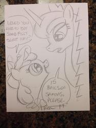 Size: 768x1024 | Tagged: safe, artist:andypriceart, apple bloom, princess luna, g4, filly guides, girl scout, monochrome, traditional art