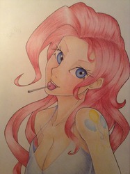 Size: 1936x2592 | Tagged: safe, artist:samaelalighieri, pinkie pie, human, g4, breasts, busty pinkie pie, colored pencil drawing, female, humanized, lollipop, solo, traditional art