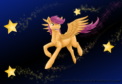 Size: 906x624 | Tagged: safe, artist:just-plain-cat, scootaloo, g4, female, happy, older, scootaloo can fly, solo, space, stars