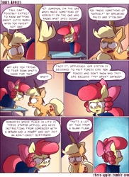 Size: 944x1294 | Tagged: safe, artist:capnpea, artist:kefkafloyd, apple bloom, applejack, earth pony, pony, comic:three apples, g4, argument, comic, duo, duo female, eye contact, female, filly, looking at each other, mare, no pupils