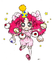 Size: 601x732 | Tagged: safe, artist:soft-boil, pinkie pie, human, g4, bloomers, cupcake, female, food, hat, humanized, party hat, puffy sleeves, solo, traditional art