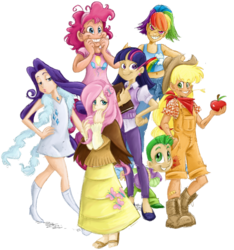 Size: 717x767 | Tagged: safe, artist:envyskort, artist:tite-pao, applejack, fluttershy, pinkie pie, rainbow dash, rarity, spike, twilight sparkle, human, g4, apple, bandana, belly button, book, boots, clothes, colored, dress, food, hairpin, high heels, humanized, long skirt, mane seven, mane six, midriff, overalls, sandals, scarf, shoes, simple background, skirt, sweater, sweatershy, sweatpants, tank top, transparent background