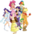 Size: 717x767 | Tagged: safe, artist:envyskort, artist:tite-pao, applejack, fluttershy, pinkie pie, rainbow dash, rarity, spike, twilight sparkle, human, g4, apple, bandana, belly button, book, boots, clothes, colored, dress, food, hairpin, high heels, humanized, long skirt, mane seven, mane six, midriff, overalls, sandals, scarf, shoes, simple background, skirt, sweater, sweatershy, sweatpants, tank top, transparent background