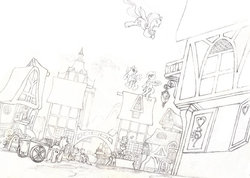Size: 900x639 | Tagged: safe, artist:simbaro, fluttershy, g4, background pony, building, cart, lineart, mlp online, ponyville, slice of life, traditional art, wagon