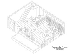 Size: 1032x774 | Tagged: safe, artist:flamingo1986, g4, grayscale, interior, isometric, lineart, monochrome, sugarcube corner