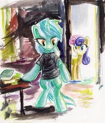 Size: 1110x1312 | Tagged: safe, artist:kaermter, bon bon, lyra heartstrings, sweetie drops, earth pony, pony, unicorn, fanfic:anthropology, g4, bipedal, book, clothes, duo, fanfic art, shirt, t-shirt, traditional art, watercolor painting