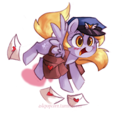 Size: 768x709 | Tagged: safe, artist:askpopcorn, derpy hooves, pegasus, pony, g4, blushing, clothes, cute, derpabetes, female, flying, hat, letter, mailbag, mare, messy, saddle bag, solo, uniform